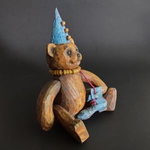 Hand Carved & Hand painted Wooden Teddy Bear Jointed Elastic Band Vintage 70's 